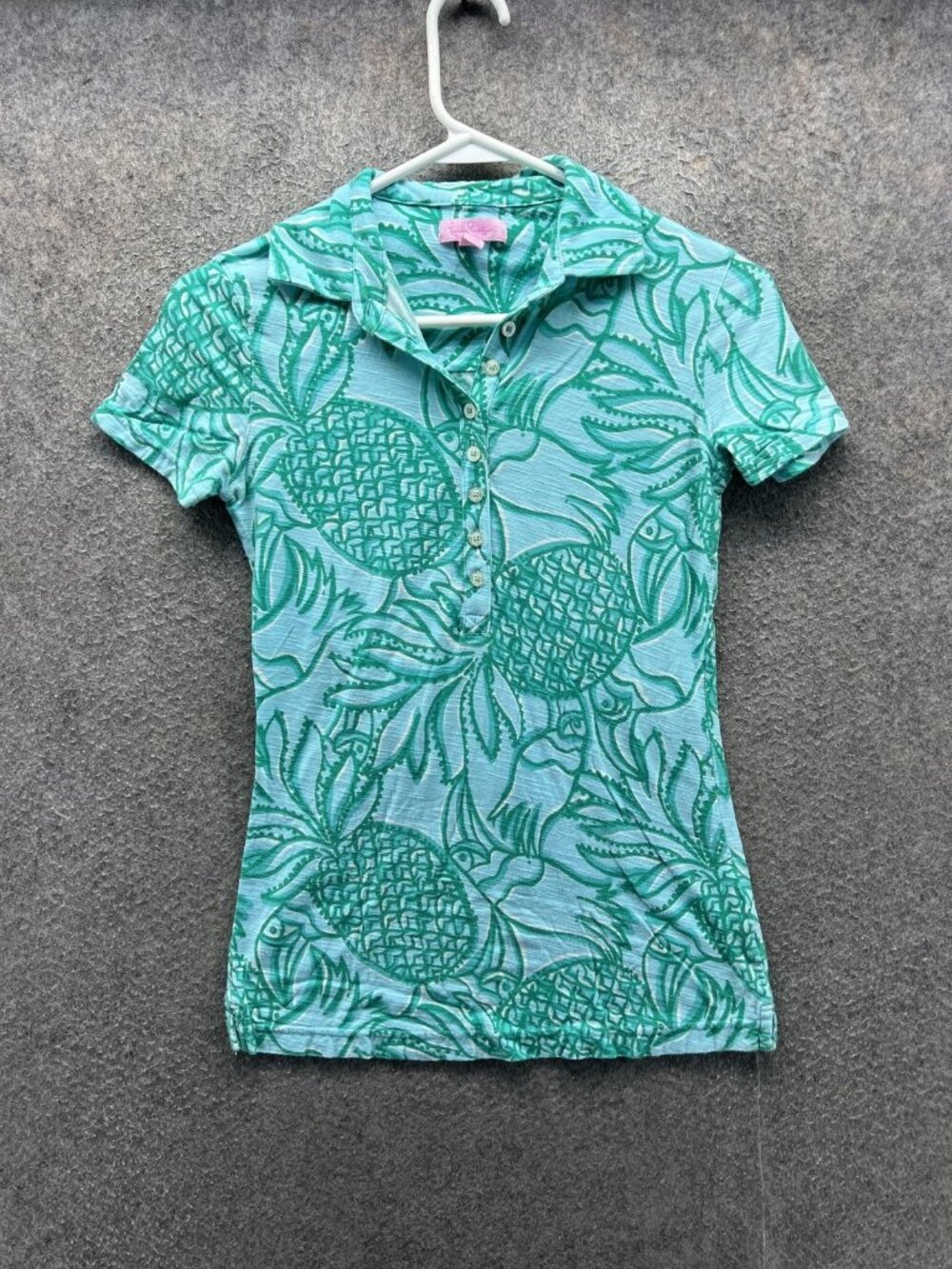 Lilly Pulitzer Polo Shirt Women Small Blue Green Pineapple Print Tropical Jersey